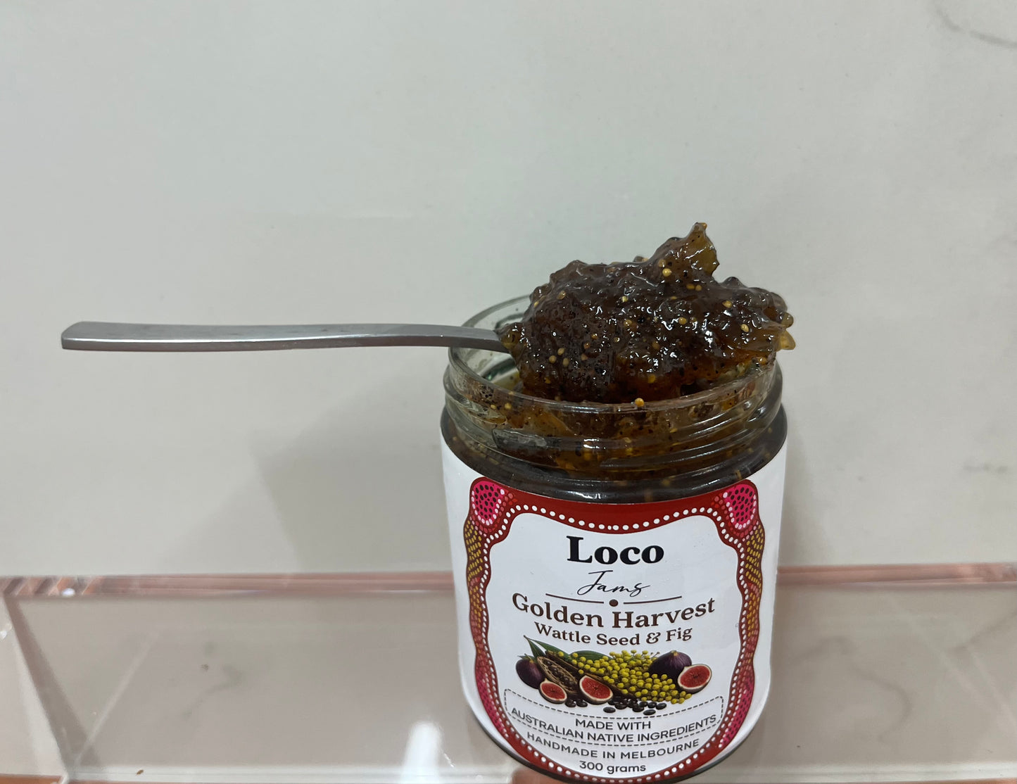 Golden Harvest fig & wattle seed jam.